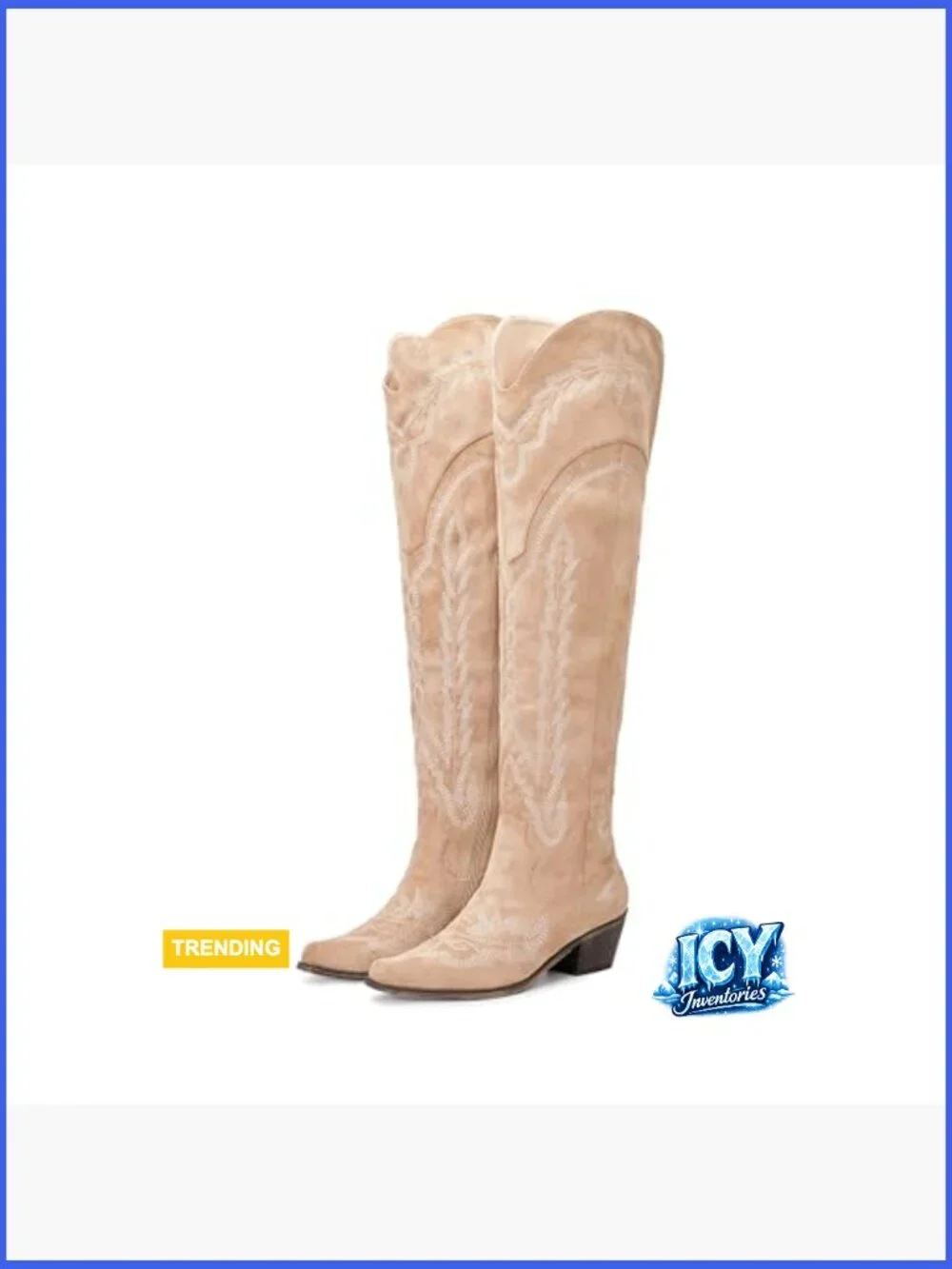 Over the Knee Embroidered Cowboy Boots Chunky Heel Suede Side Zip